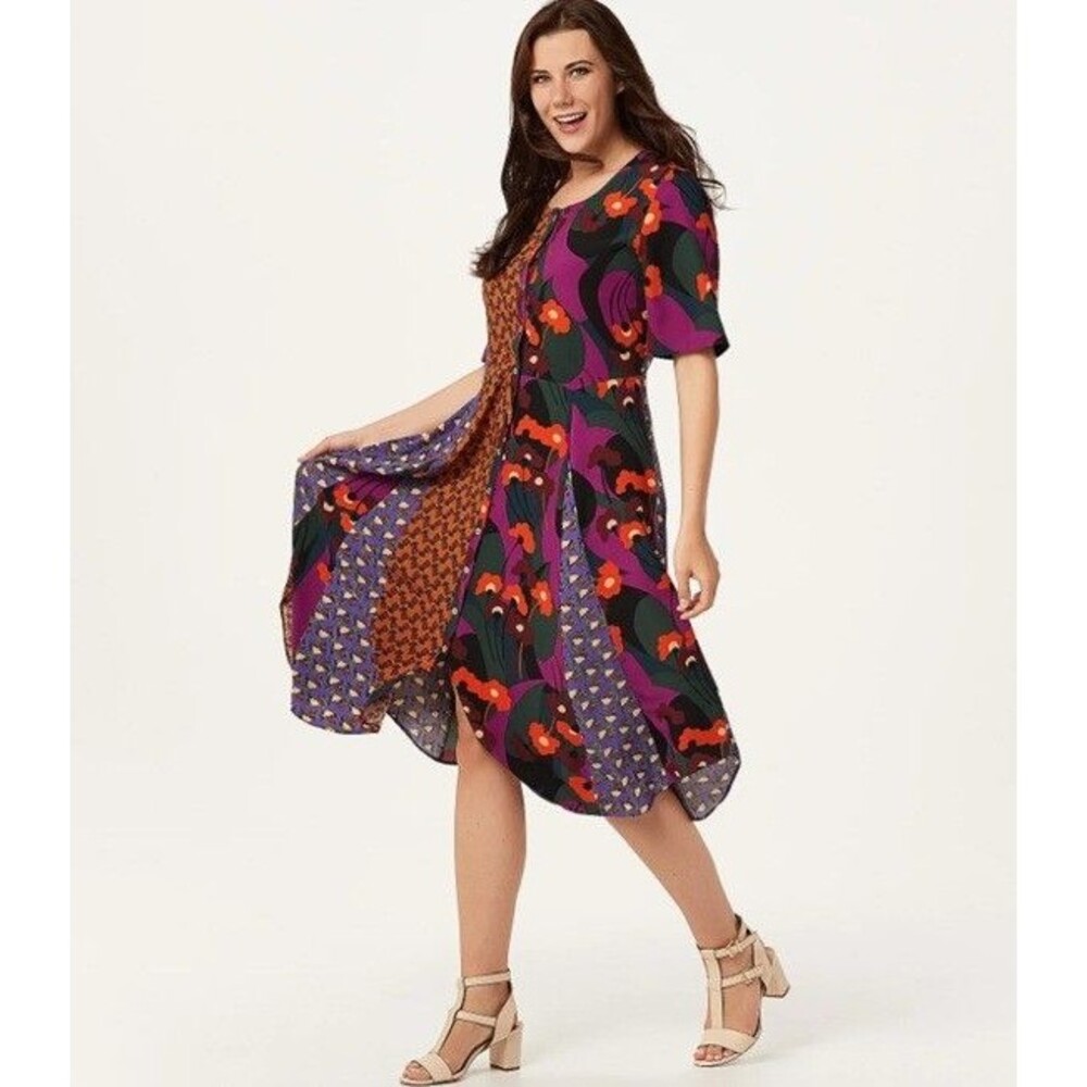 LOGO Lori Goldstein Patchwork Fit & Flare Button Down Midi Dress Medium Boho
